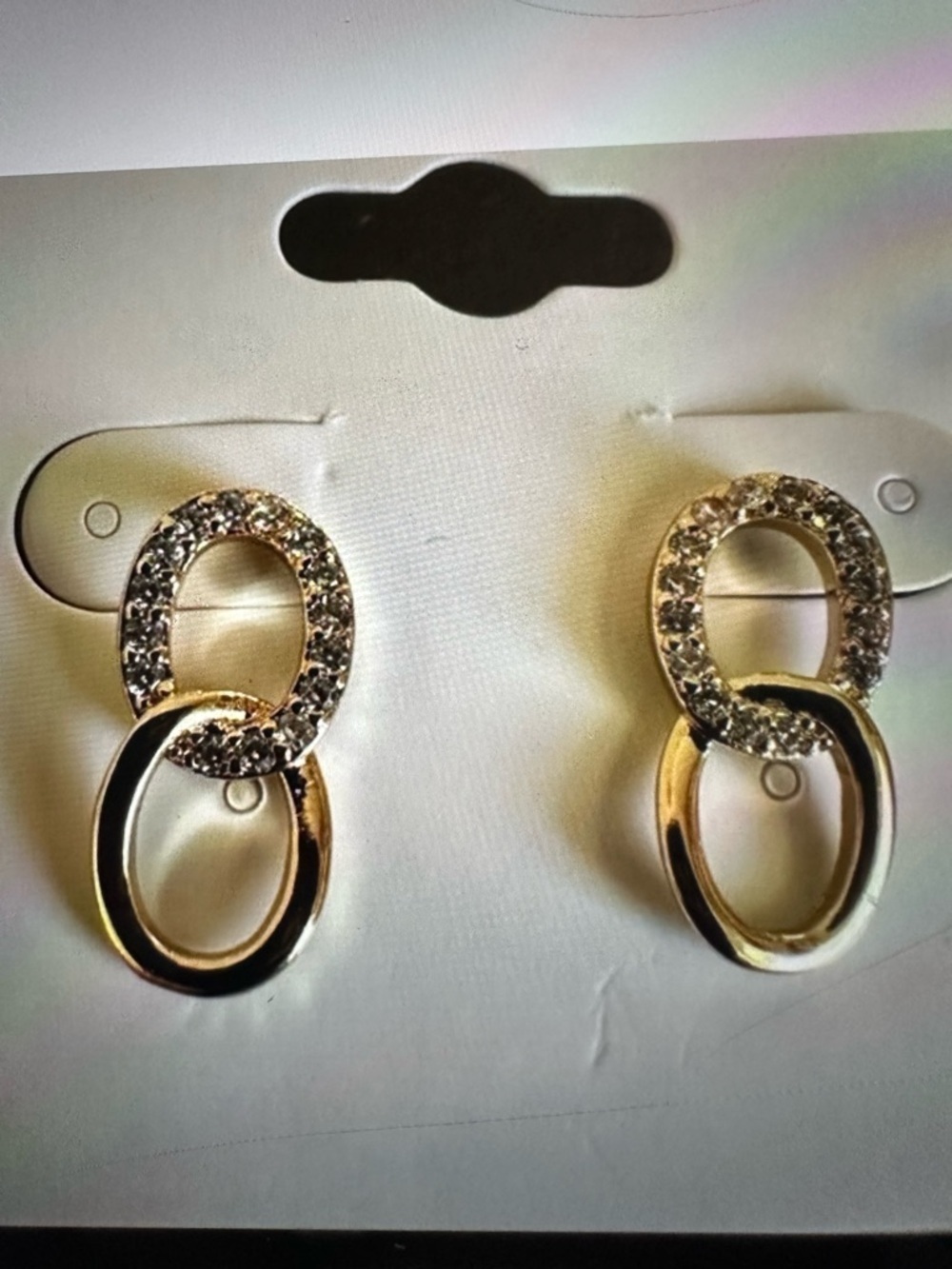 18K Gold Plated CZ Double Circle Stud Earrings | Linked Drop Style NWT
